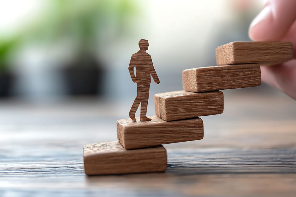 wooden figure going up wooden blocks